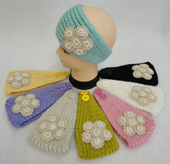 Hand Knitted Ear Band w Applique [FLOWER/Pearl/Diamond]